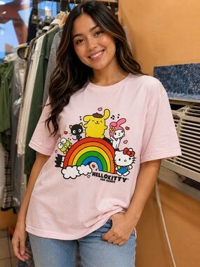 Hello Kitty Pink Tee with Rainbow & Friends Graphic